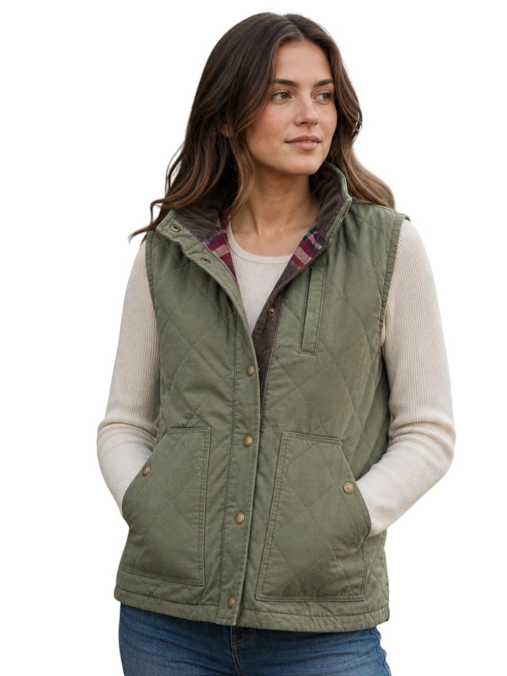 Natural Reflections Quilted Canvas green Vest, plaid flannel interior, sz XL